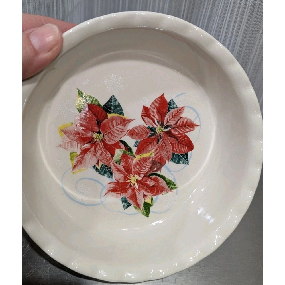 Nantucket‎ Retired Christmas Bowl Pie Dish Poinsettia/Snow Flakes 5in x 2in